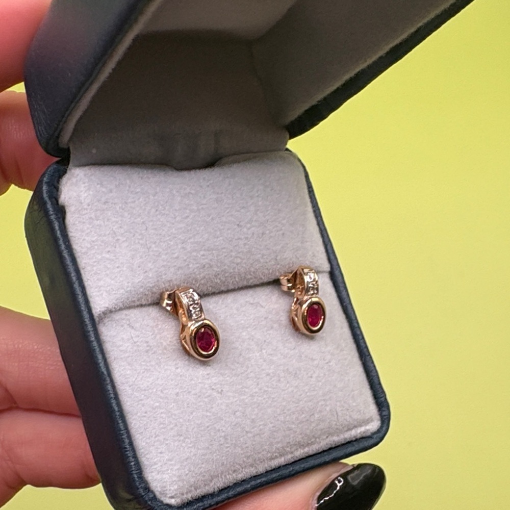 Genuine Ruby and Diamond Chip 14K Gold Stud Earrings - Picture 2 of 9